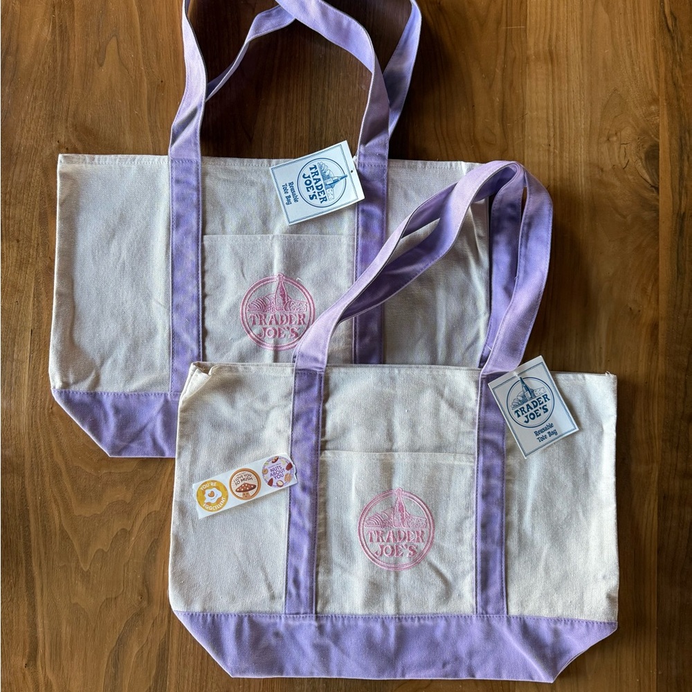 (Set of 2) New LARGE Lavender 💜 Trader Joe’s Canvas Tote Bags 💜 SHIP FAST